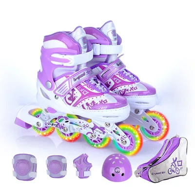 9 в 1 Детская роликовая обувь для катания на коньках шлем защита колена Регулируемый моющийся жесткий мигающий колеса для подростков - Цвет: Purple S EUR 30-33