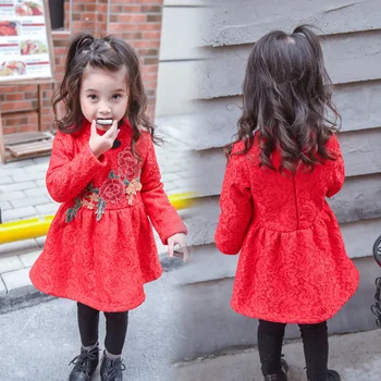 

Flower Embroidery Fancy Dress Kids Red Elegant Festival Dresses For New Year Spring Casual A-line Princess Costumes Clothes