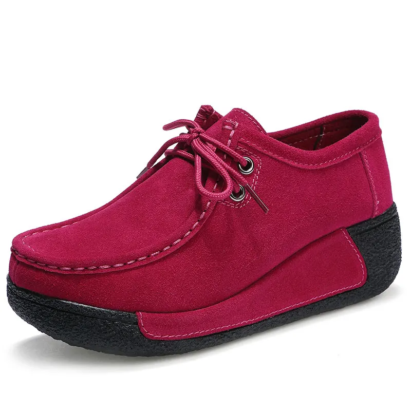 Кожаная обувь; женская обувь на плоской подошве; обувь на платформе; мокасины на толстой резиновой подошве; Свадебная обувь для женщин; повседневные женские лоферы на шнуровке; sapato feminino - Цвет: red