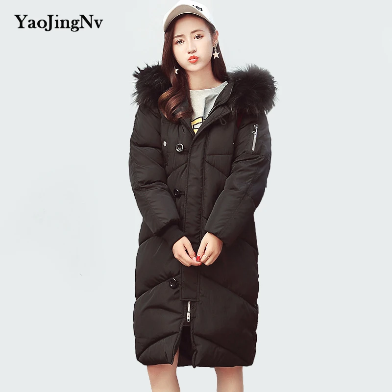 YaoJingNv 2017 Winter Coat Women Parka Military Fur Collar Hooded Buckle Slim Long Cotton Coats Parkas | Женская одежда