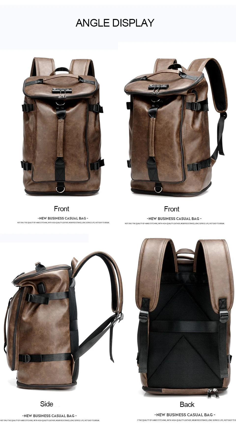 Fashion Backpacks Anti Theft Backpack PU Leather Laptop 17 Inch 15.6 Back Packs Casual Men Women Bags USB Charging Style Bagpack (7)