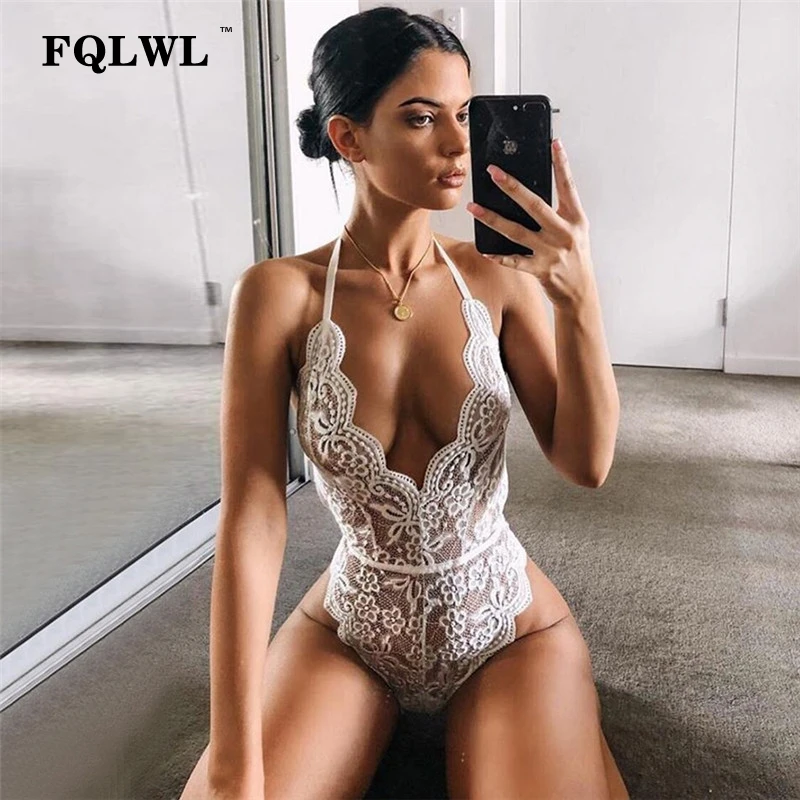 FQLWL Холтер Белый сексуальный, кружевной, просвечивающийся боди для женщин повязки спинки Глубокий V средства ухода за кожей шеи