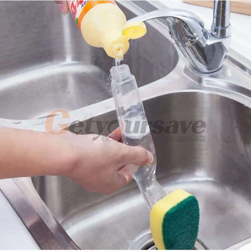 

Kitchen Cleaning Brush Scrubber Washing Dish With Refill Liquid Soap Dispenser