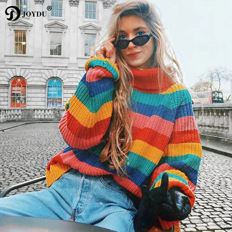JOYDU pull femme 2018 новый модный Радужный полосатый водолазка оверсайз зимний свитер