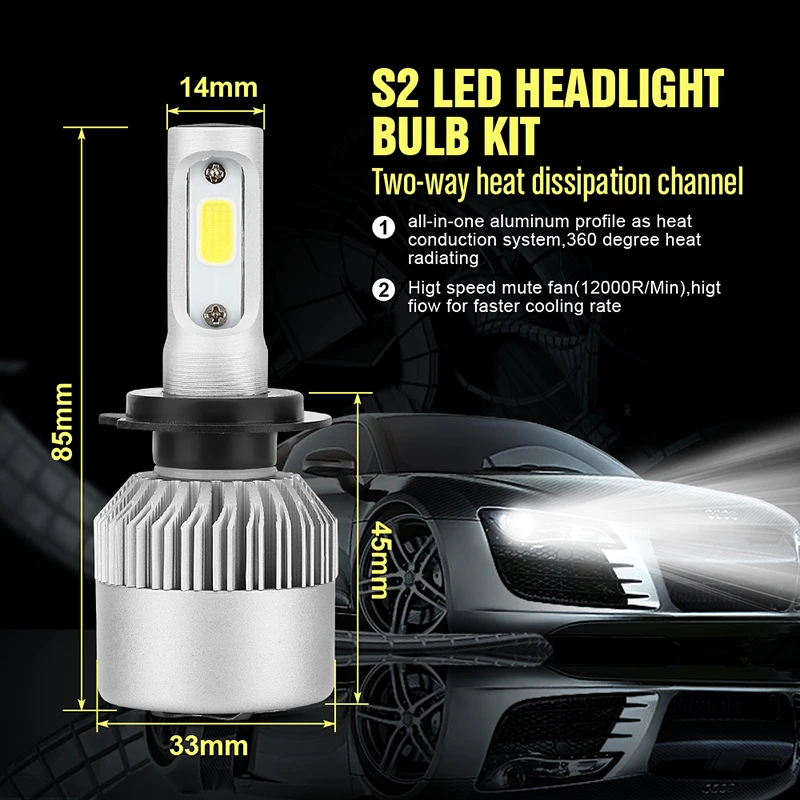 H1 H3 H4 H7 H11 9005 9006 9012 Cветодиодные лампы для авто фары led лампа ходовые огни лед диодные лампы для авто автомобиля фар лампы Супер яркий 72 Вт 8000LM 6500 К все-в-одном светодиодный налобный фонарь 2 шт. S2