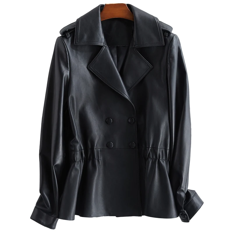 Женская куртка из натуральной кожи, Женская куртка из натуральной овчины на весну и осень, женские Куртки из натуральной кожи, chaqueta mujer YQ366 - Цвет: Черный
