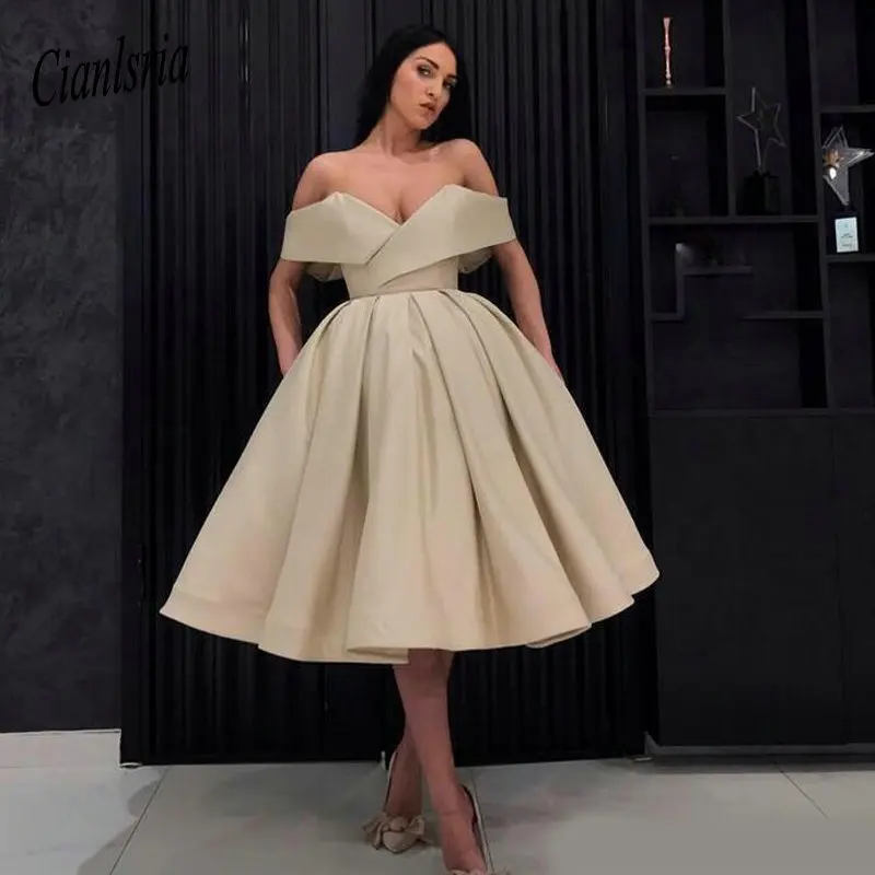 champagne arabic evening dresses homecoming graduation dress Arabisch Abendkleider Kleider Off Shoulder tea-length vestido