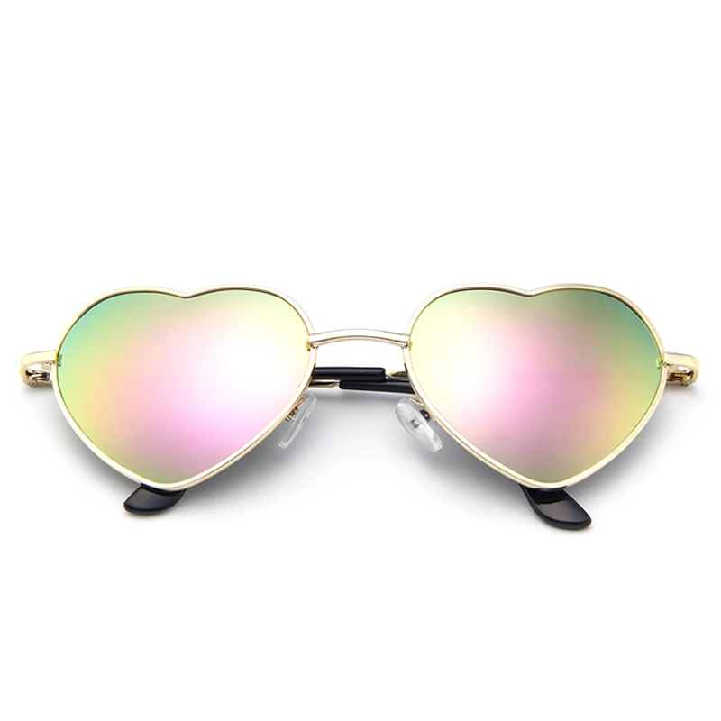 Womens Heart Shaped Mirrored Sunglasses - Green / Pink