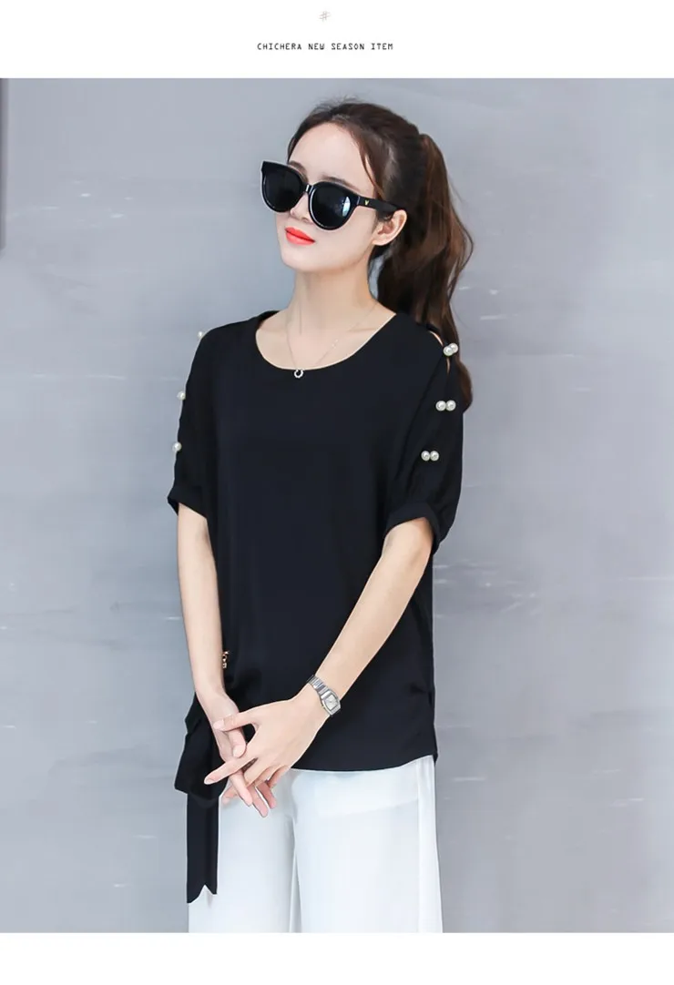 2018 New Arrival Chiffon Blouses Women Shirts Plus Size Beading Tops Female Fashion Short Sleeve O-neck Blusas Femininas  (11)