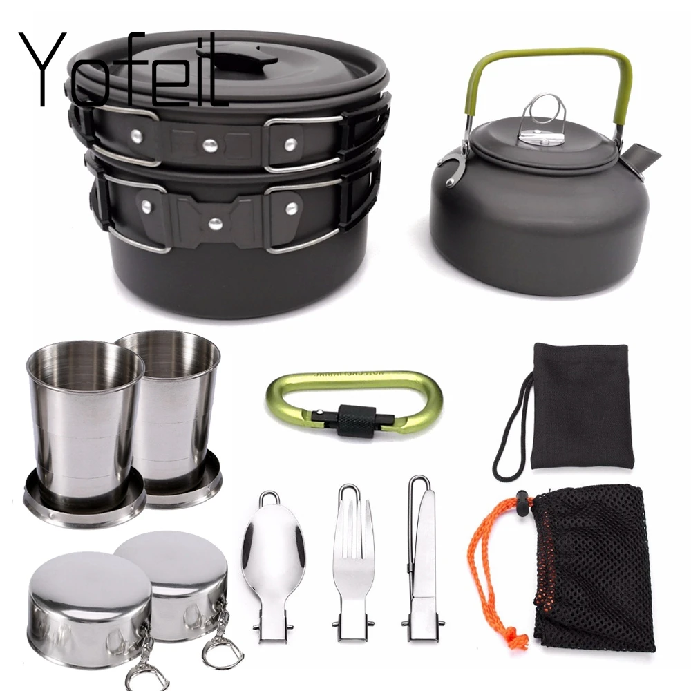 1 Set Outdoor Pots Pans Camping Cookware Picnic Cooking Set Non-stick Tableware With Foldable Spoon Fork Knife Kettle Cup 1