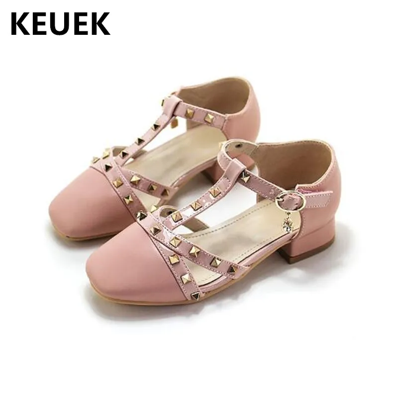 

New Spring/Summer Children Leather Shoes Rivet Cut-Outs Princess Fashion Microfiber High-heeled Girls Shoes Kids 04