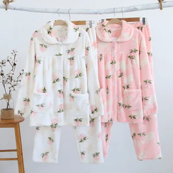 

Autumn&winter Flannel Thickening Warm Women Pajamas Set Long Sleeves and Trousers Home Clothes Plus Size Women's Comfortable