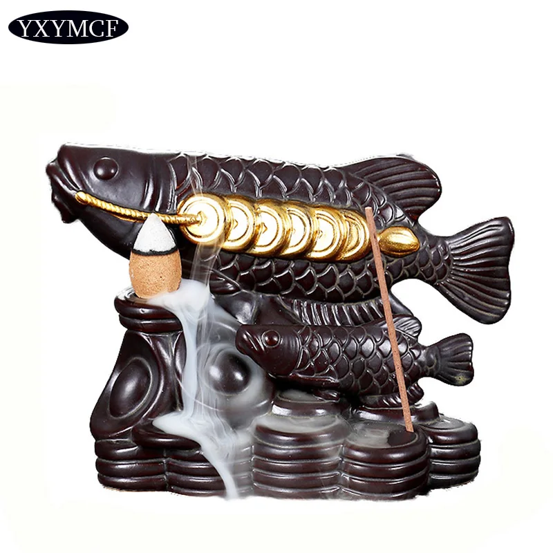 

The Arowana Ingots Backflow Incense Burner Ceramic Cone Censer Double Fish Incense Stove for Home Decor Tearoom Ornaments Gift