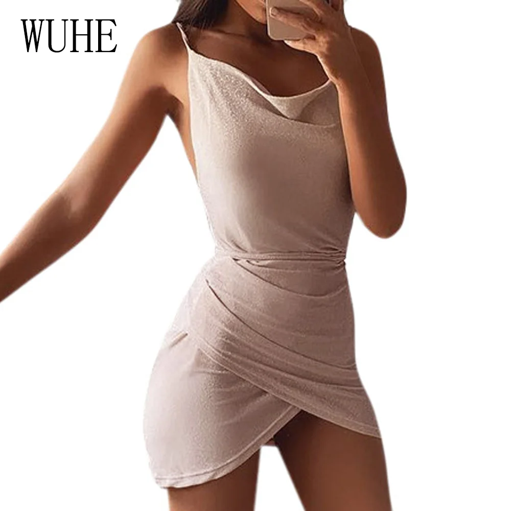 

WUHE Pink Sexy Backless Cross Bandage Elegant Dress Off Shoulder Sleeveless Draped Bodycon Dresses Woman Party Night Club Femme