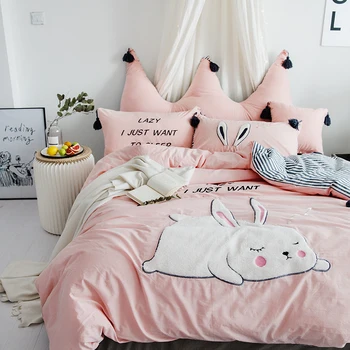 

Pink Lovely Cartoon Rabbit Applique Embroidery 100% Washed Cotton Bedding Set Duvet Cover Bed sheet Pillowcases Gift For Child