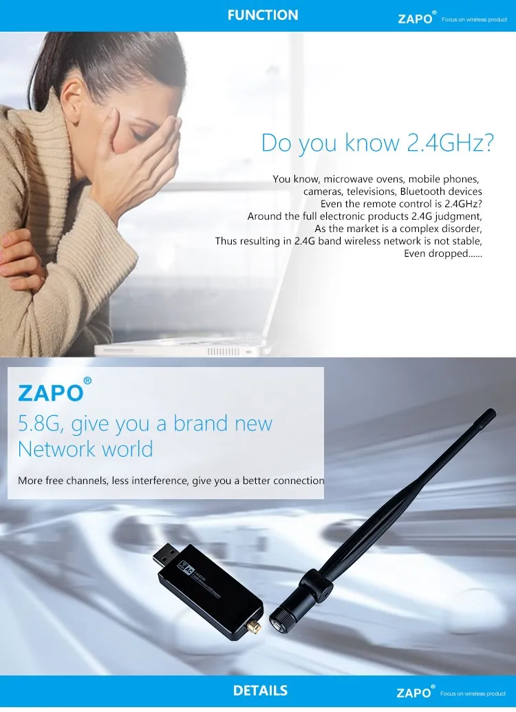ZAPO Stronger 5.8G WIFI USB 3.0 1200 Мбит / с адаптер Dual Band 5dbi Антенна Беспроводная сетевая карта 802.11ac для Windows Linux Android