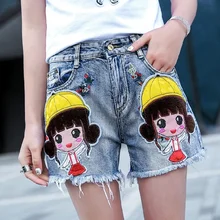 Милые Лоскутные Летние джинсовые шорты для девочек с рисунками из мультфильмов; коллекция года; джинсовые шорты с цветочной вышивкой и кисточками; Рваные джинсовые шорты для женщин; W1731