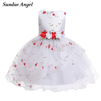 

Sundae Angel Summer kids formal dress for girls Sleeveless Flowers Belt Bowknot Embroidery Mesh Princess Ball Gown Dresses