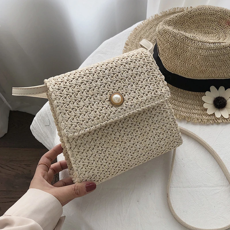 

Brand Designer Woven Straw Handbag Solid Color Fashion Straw Bags Women Small Pearl Lock Tote Bags Travel Portabl Messenger Bag