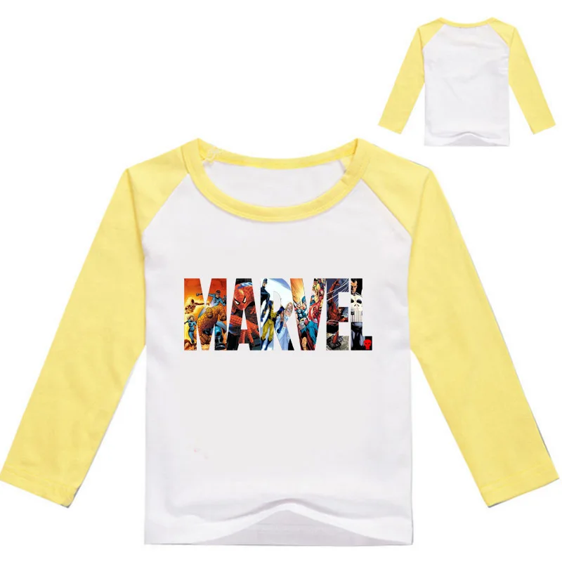 Новая весенняя футболка для маленьких мальчиков с принтом из комиксов Marvel детская одежда детские футболки с длинными рукавами хлопковые топы с рисунками для девочек - Цвет: White Yellow