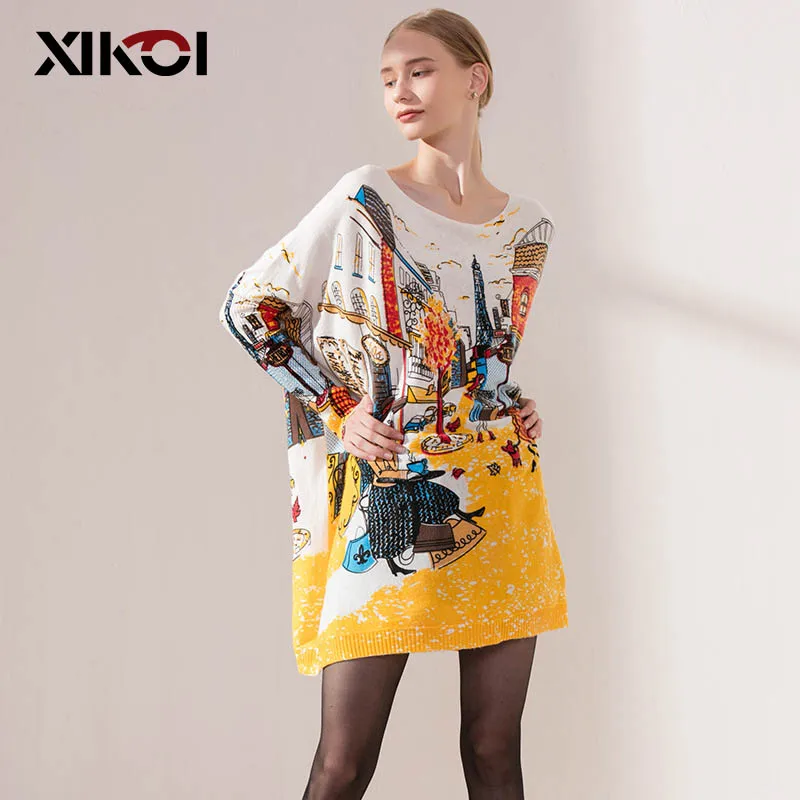 XIKOI الخريف أزياء المرأة الملابس البلوزات الطويلة مائل الرقبة جاكيت فضفاض محبوك سترة السيدات البلوزات البلوفرات
