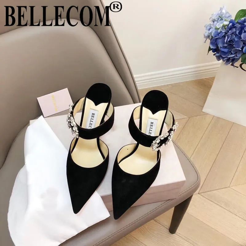 

BELLECOM 2019 Sexy outside wearing gorgeous crystal buckle baotou slippers with stilettos elegant temperament