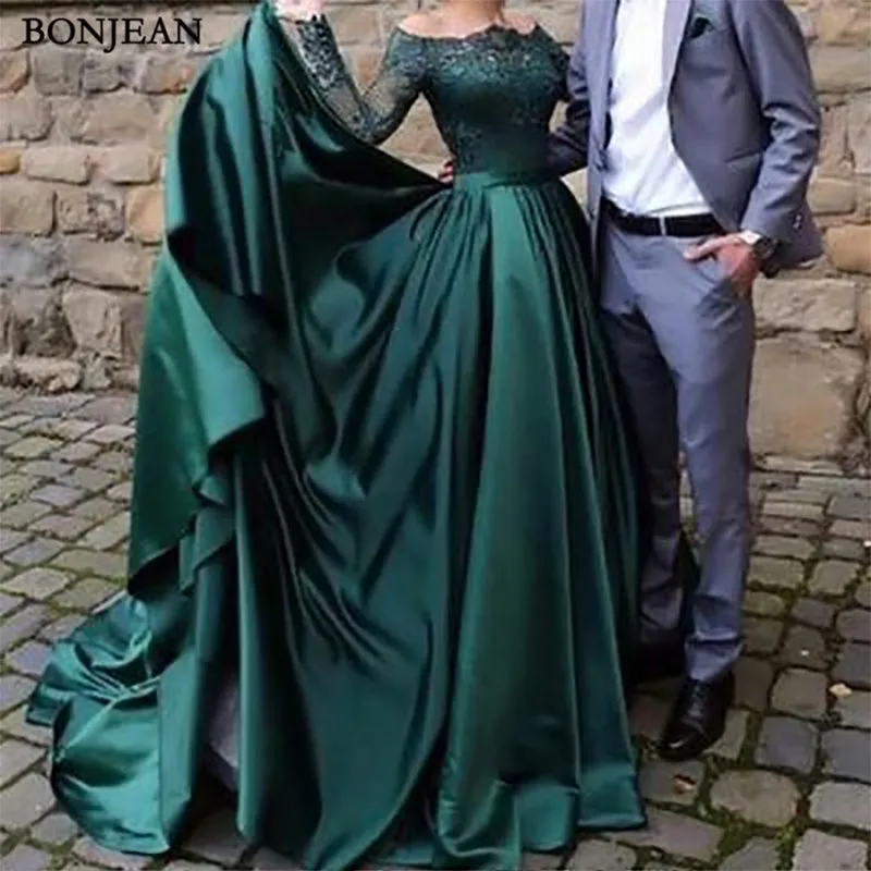 Modest dark green party dress, off the shoulder prom dresses ,prom dress with long sleeves, evening gowns with lace, a line party.j1pg