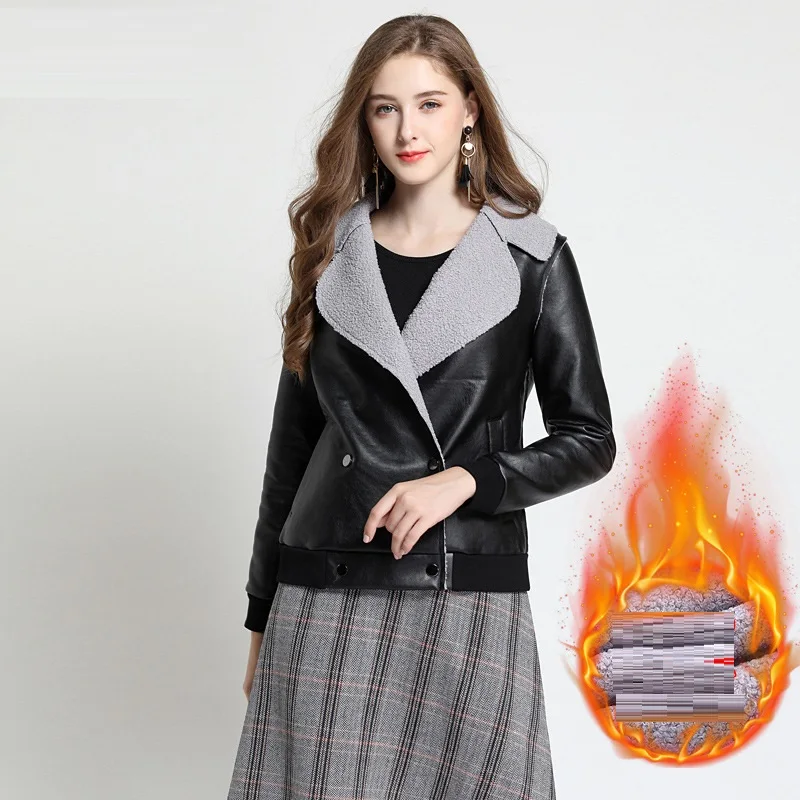 

2018Winter big size women Warm Fleece Faux Leather Jacket coats long sleeves outwear plus size women clothing outfit XXXXXL 5XL