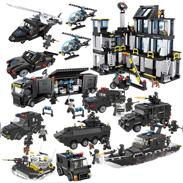 

Model Building Kits Compatible with Lego City Ploice SWAT Patrol Boat Jeep Car Helicopter Plane Ship Block Brick Minfigure Toys