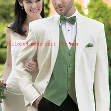 Новые поступления настроить made две кнопки цвета слоновой кости Жених Смокинги Groomsmen Свадьба Пром Bestman вечерние костюмы(куртка+ брюки+ жилет+ галстук