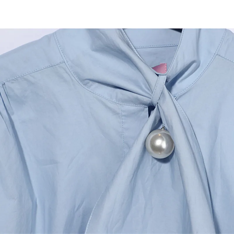 Women Fashion Bow Tie Shirts Personality Casual Simple Loose Scarf Bow Tie Pearl Decoration Shirt 2018 Autumn New Virgin Killer Blouses