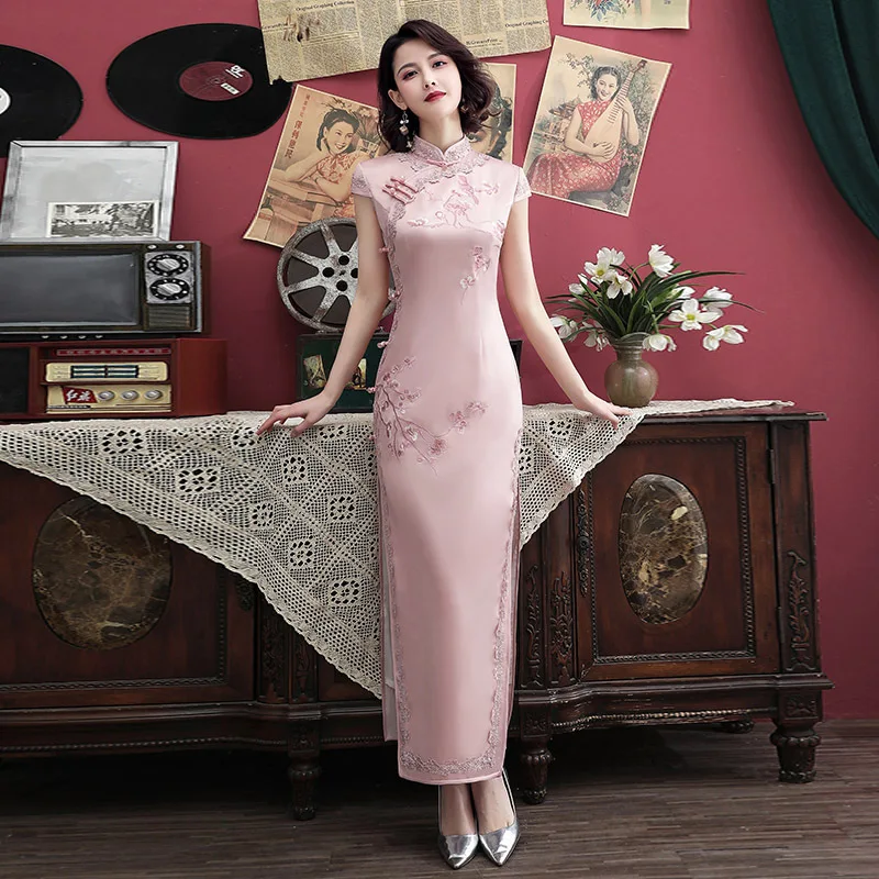 Sheng Coco 4XL Плюс Размер Qipao длинное кружевное Cheongsam шелковое атласное Qi Pao невесты чонсам, Восточный стиль Стиль Розовое Вечернее платье Vestido