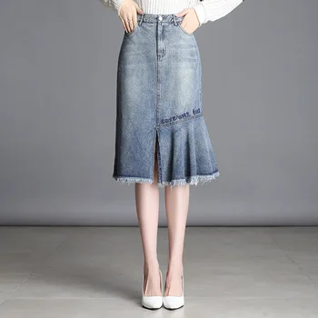 

Vintage Women Washed Ripped Irregular Midi Denim Skirt High Waist Plus Size Letter Embroidery Trumpet Casual with Pockets