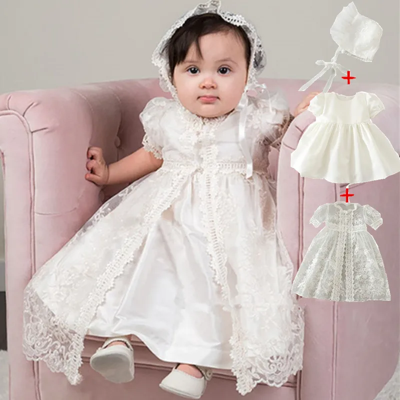 

2017 Spring New Baby Girls Princess Wedding Party Birthday Lace Dress Christening Gown Dresses+Hat+Shawl 3PCS Vintage Palace