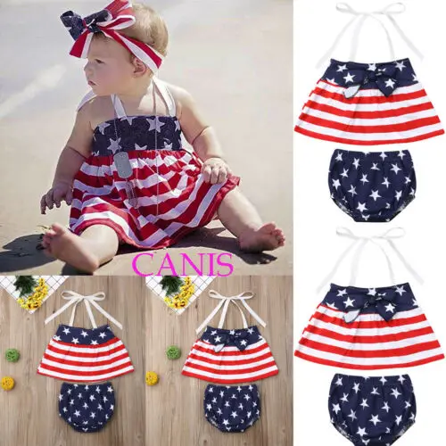 

3M-3T 2Pcs Toddler Kid Baby Girl Off-Shoulder Tops Independence Day Shorts Summer Outfits Clothes 4th Of July