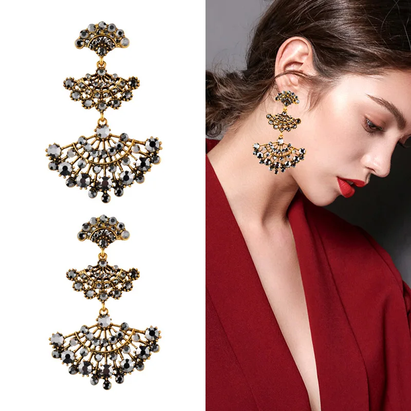 

SINLEERY Retro Bohemian Rhinestone Sector Shape Long Dangle Earrings Hanging Women Antique Gold Color Ethnic Jewelry ES236 SSC
