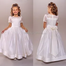 Первое Причастие Платье Jewel Футболка С Коротким Рукавом Лук Кружева Вышивки Девушки Девушки Цветка Платье Для Свадьбы