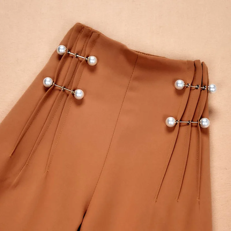 Высококачественные Универсальные дизайнерские корейские стильные женские повседневные свободные брюки-клеш с высокой талией и однотонными жемчужинами