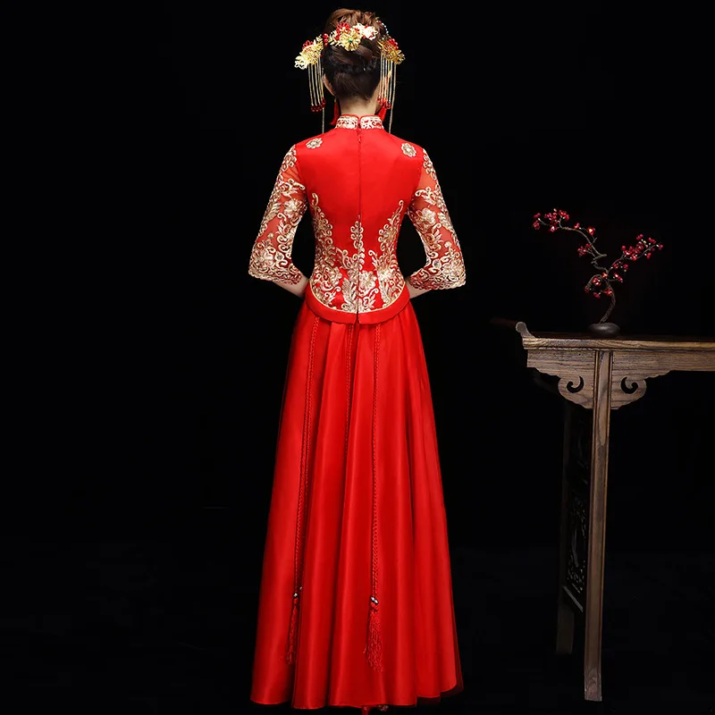 Красные свадебные платье костюм элегантный китайский воротник Qipao Восточный китайский леди Emobroidery Чонсам с цветами вечерние платья