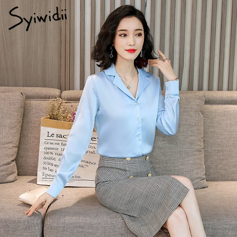 

plus size womens tops and blouses Solid Satin Office Lady Double-layer Italy shirts white Sky Blue pink black 2019 droshipping