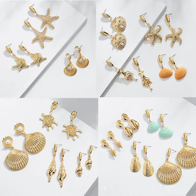 

Vintage Gold Earrings For Women ZA 2019 coin Brincos Geometric Drop Earring Big Wedding Irregular shell starfish Beach Jewelry