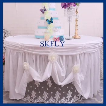 

CL008B Beautiful rose decoration round birthday wedding ruffled white taffeta and lace table cloth for cake table