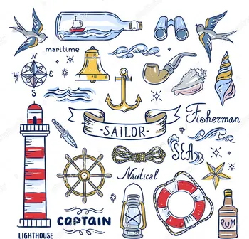 

nautical sailor elements lighthouse sea waves captain objects seashells background Vinyl cloth Computer print party backdrops