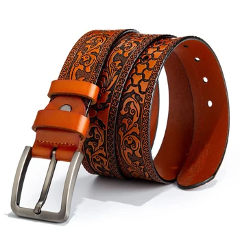 

Luxury belt for men genuine leather belts cowskin brown color sculpture strap vintage cinto