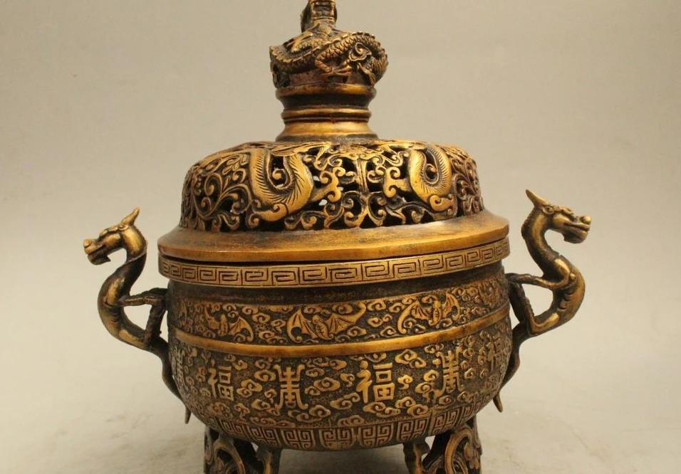 

9" Chinese Qing Dynasty Bronze 3 Foot Bat Dragon Handle Incense Burner Censer
