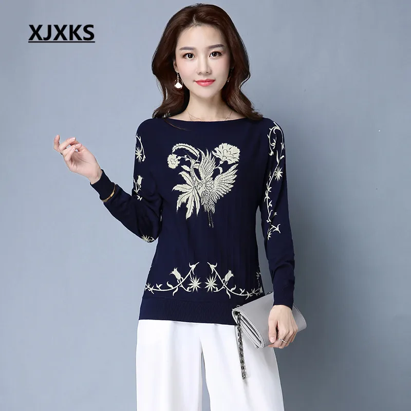 

XJXKS Different Print Pattern Beautiful Casual Long Sleeve Pullovers Sweaters Fall 2019 Fashion High Quality Ladies Sweater