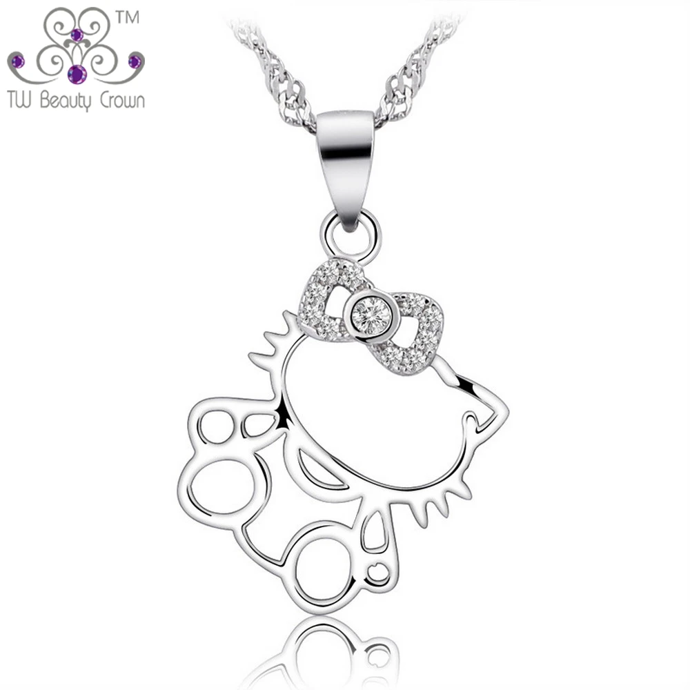 Серебро 925 пробы Микро-укладка белого цвета с украшением в виде кристаллов Милый рисунок «Hello Kitty» ожерелье с подвеской кошечка для юных Для женщин Подарки для девочек на день рождения