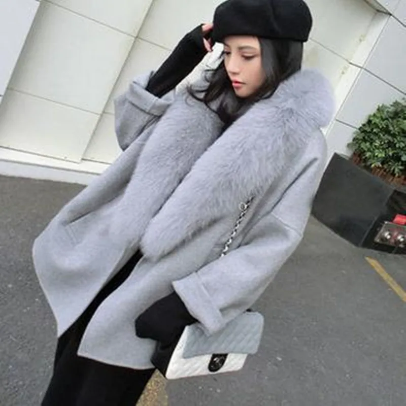 Новые осенне-зимние женские пальто Vestidos размера плюс, одноцветные Свободные шерстяные пальто с меховым воротником для женщин, большая верхняя одежда S-2XL