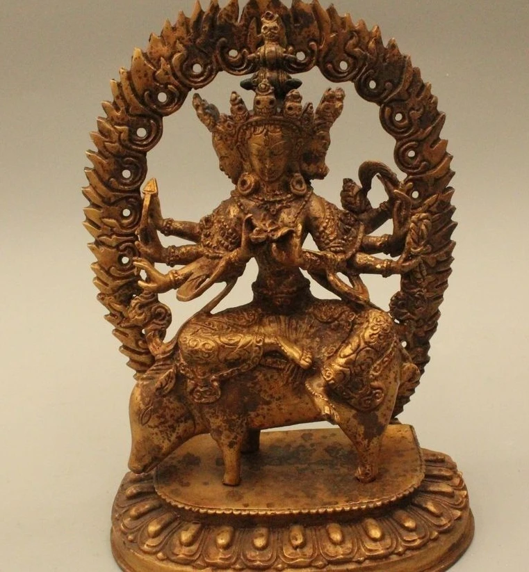 

9"Chinese Tibet Buddhism Bronze Gild Sit Pig Three head Eight Hand Buddha Statue