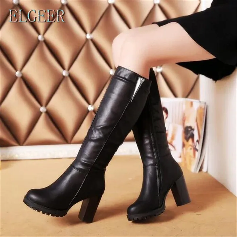 Comprar ELGEER señora botas altas otoño e invierno nuevo grueso con tubo alto casual moda botas de mujer más terciopelo cálido zapatos de mujer
